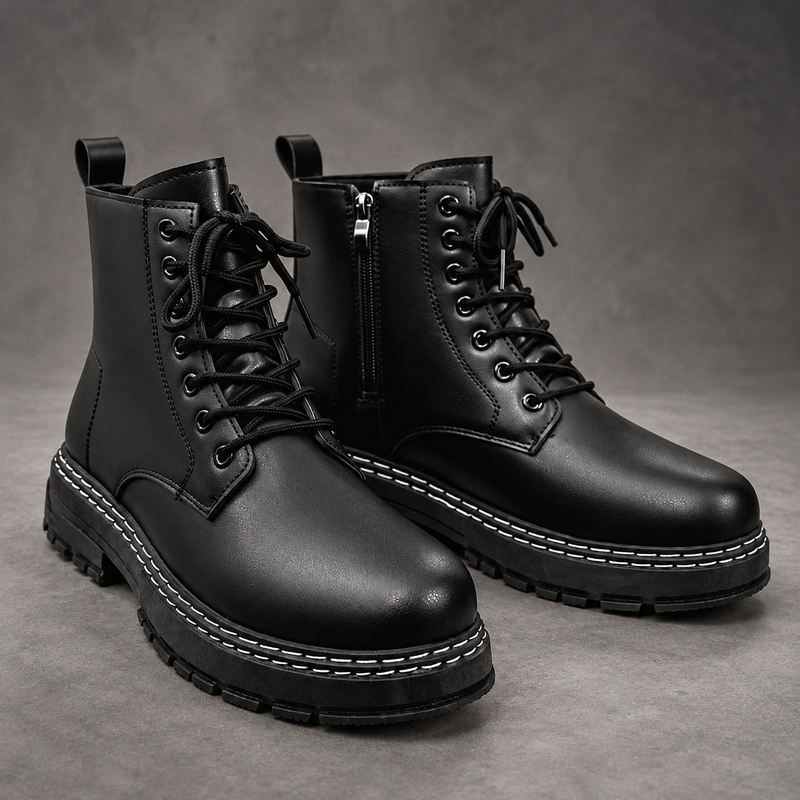 Men’s Lace-Up Combat Ankle Boots – Side Zip Chunky Sole Casual Shoes – Black – front view with side zip