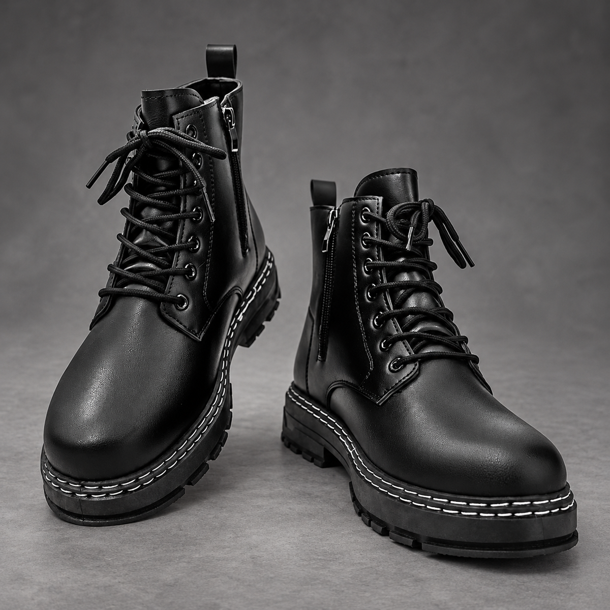 Men’s Lace-Up Combat Ankle Boots – Side Zip Chunky Sole Casual Shoes – Black – front pair view