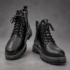 Men’s Lace-Up Combat Ankle Boots – Side Zip Chunky Sole Casual Shoes – Black – front pair view