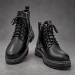 Men’s Lace-Up Combat Ankle Boots – Side Zip Chunky Sole Casual Shoes – Black – front pair view