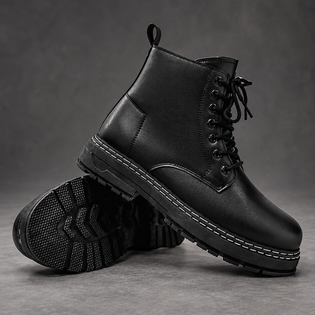 Men’s Lace-Up Combat Ankle Boots – Side Zip Chunky Sole Casual Shoes – Black – side and sole view