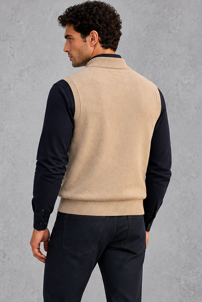 Men's Knitted Zip-Up Gilet in Caramel – back view