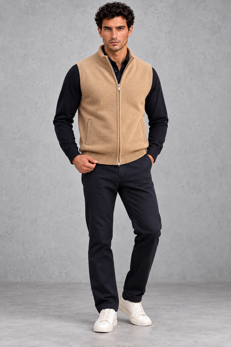 Men's Knitted Zip-Up Gilet in Caramel – full-length view