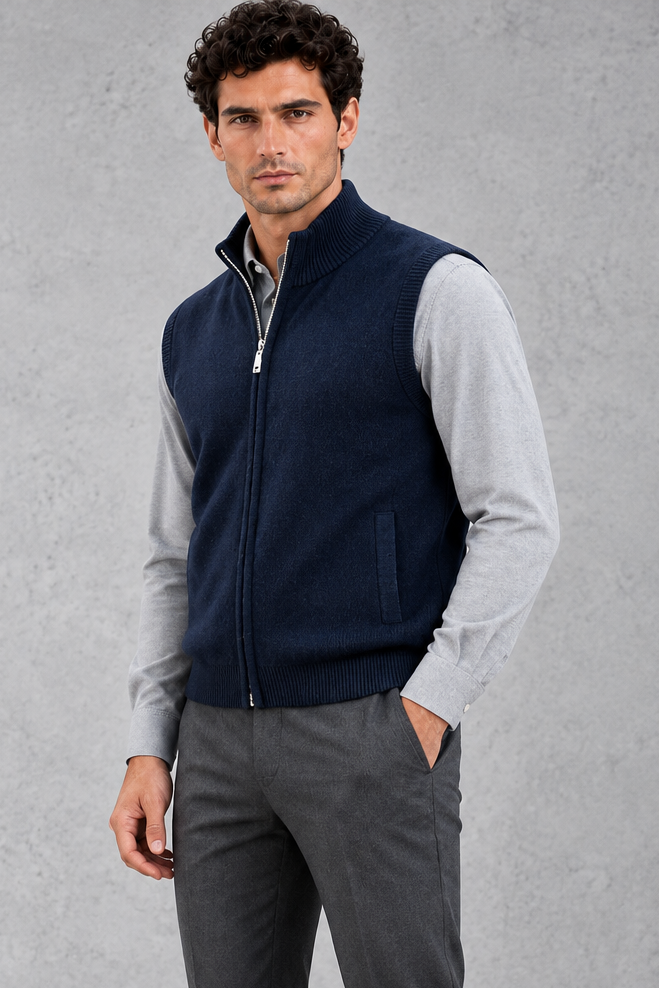 Men's Knitted Zip-Up Gilet in Navy Blue – front view