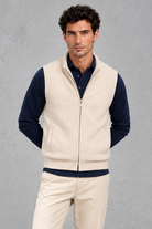 Men's Knitted Zip-Up Gilet in Light Beige – front view
