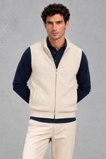Men's Knitted Zip-Up Gilet in Light Beige – front view