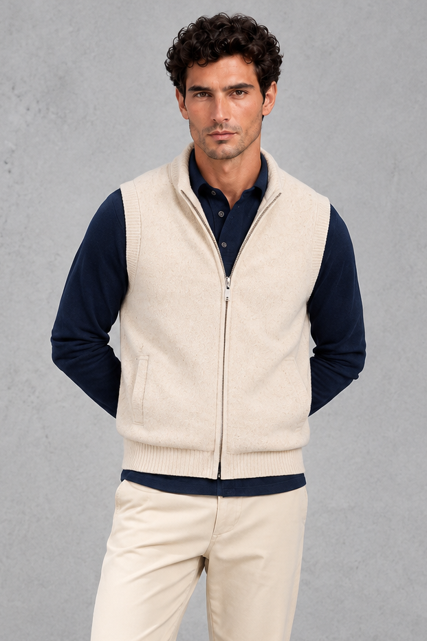 Men's Knitted Zip-Up Gilet in Light Beige – front view