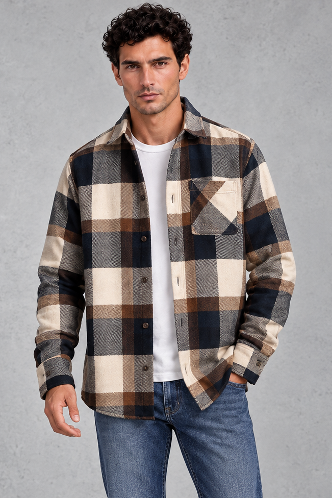 Men's Checked Overshirt – Navy/Camel Check
