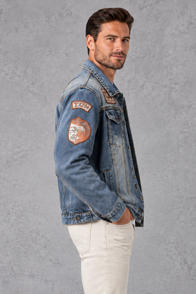 Men's Patch Denim Jacket in Denim – side view