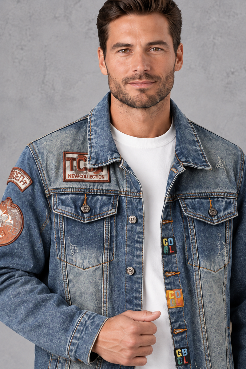 Men's Patch Denim Jacket in Denim – close-up