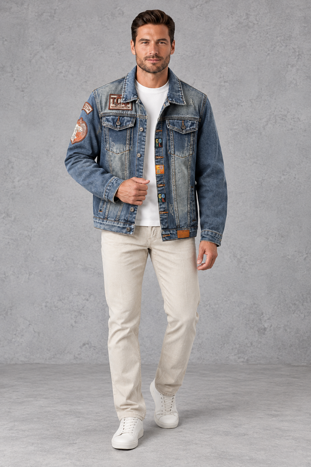 Men's Patch Denim Jacket in Denim – full-length view