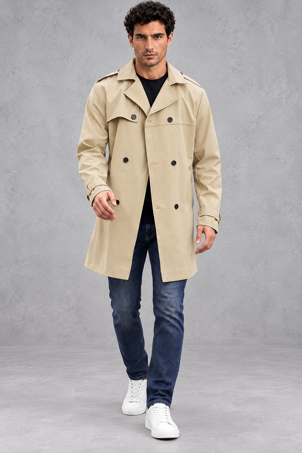 Men's Double-Breasted Trench Coat in Beige – full-length front view