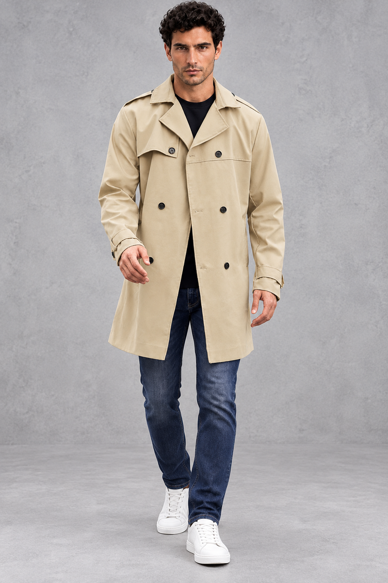 Men's Double-Breasted Trench Coat in Beige – full-length front view