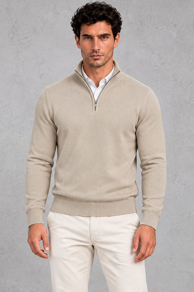 Men's Half-Zip Knitted Jumper – Beige