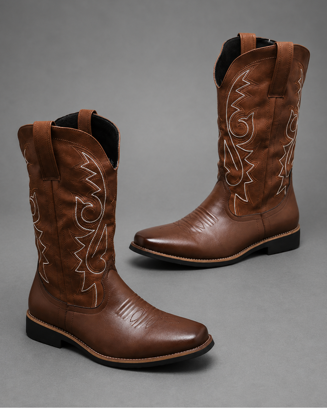 Men’s high top Chelsea boots with a Western-inspired design, microfibre leather-style upper, pull-on construction and textured grip outsole for everyday wear.