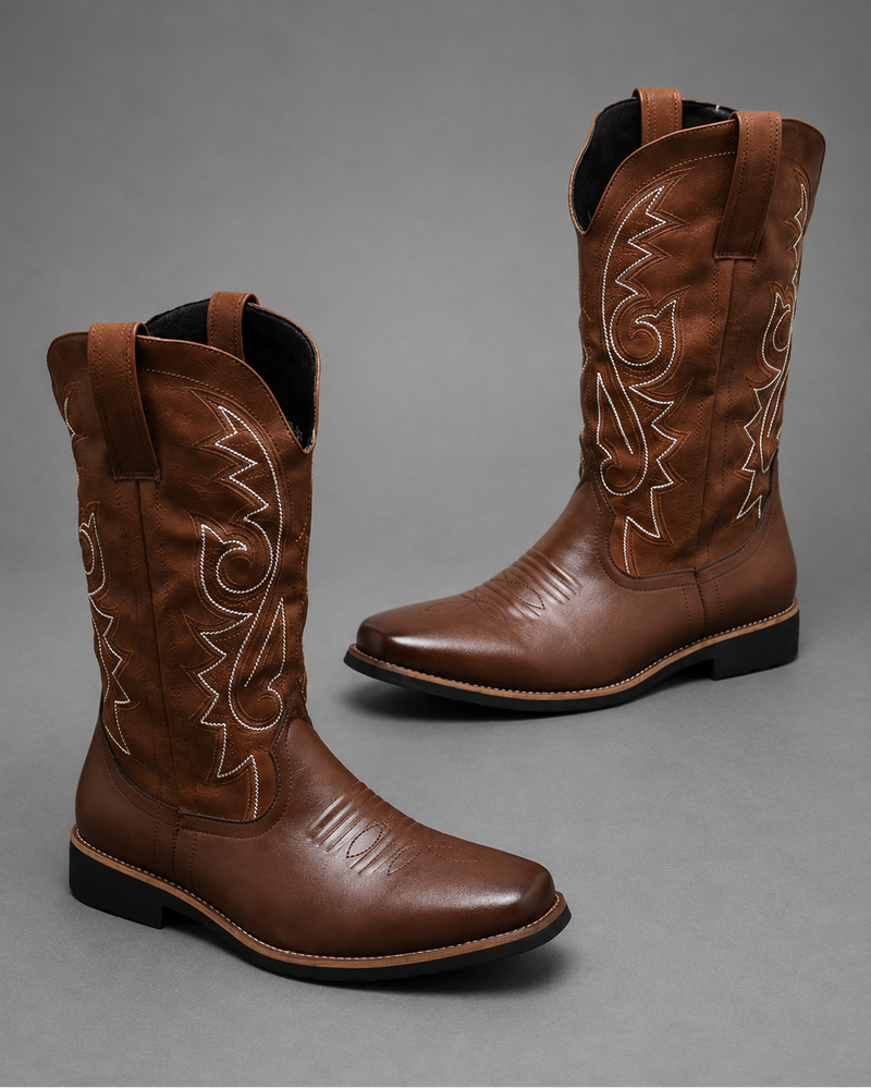 Men’s high top Chelsea boots with a Western-inspired design, microfibre leather-style upper, pull-on construction and textured grip outsole for everyday wear.