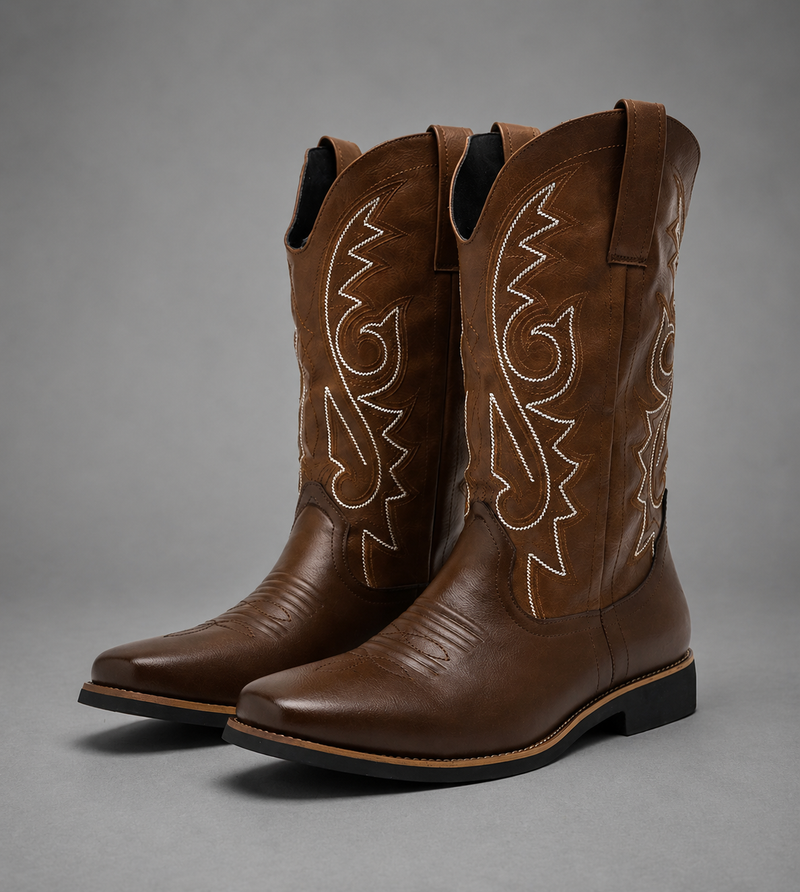 Men’s high top Chelsea boots with a Western-inspired design, microfibre leather-style upper, pull-on construction and textured grip outsole for everyday wear.