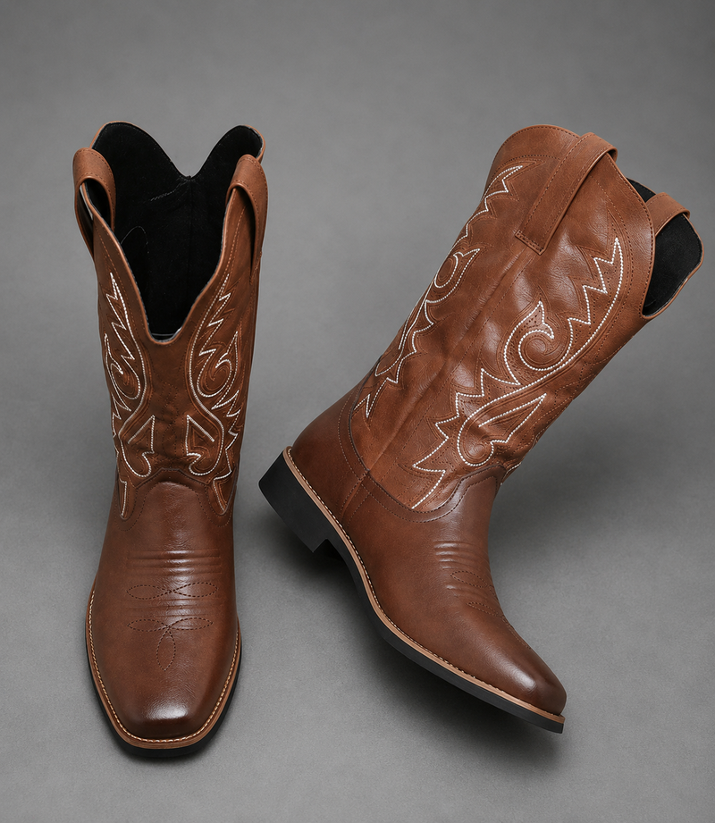 Men’s high top Chelsea boots with a Western-inspired design, microfibre leather-style upper, pull-on construction and textured grip outsole for everyday wear.