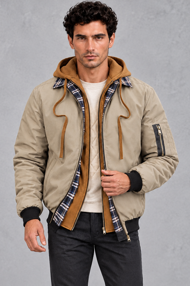 Insulated Winter Shell Jacket in Stone – front view