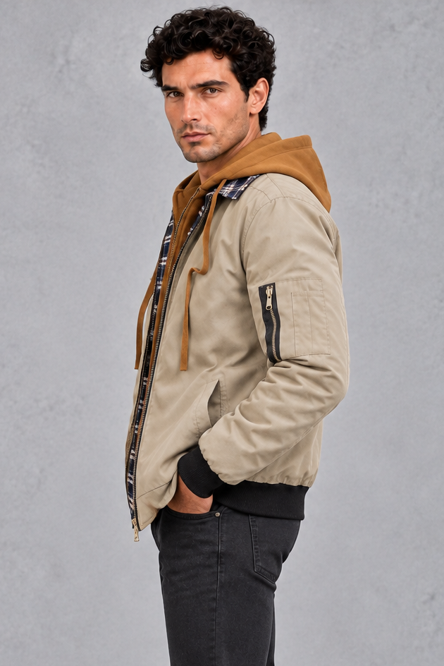 Insulated Winter Shell Jacket in Stone – side view