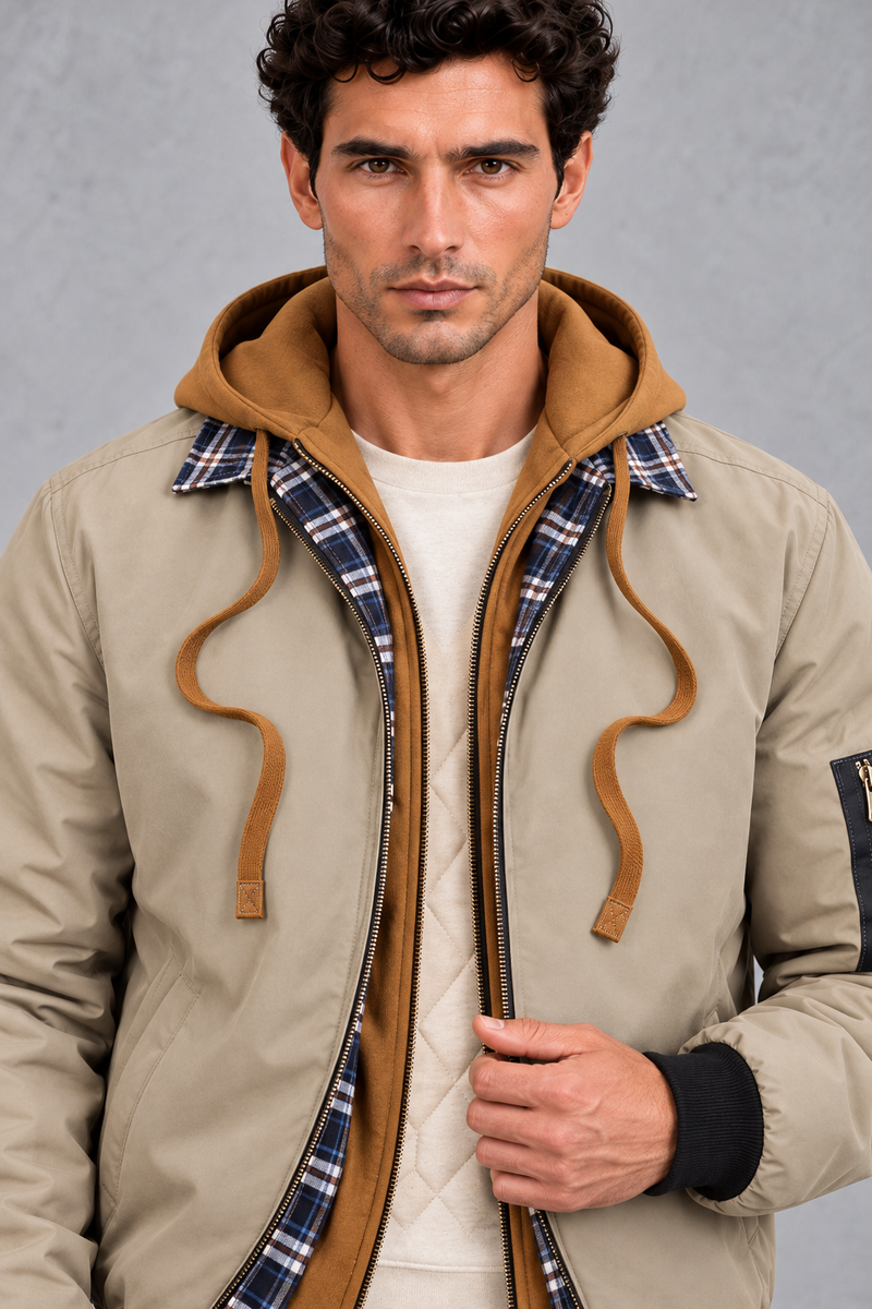 Insulated Winter Shell Jacket in Stone – detail view