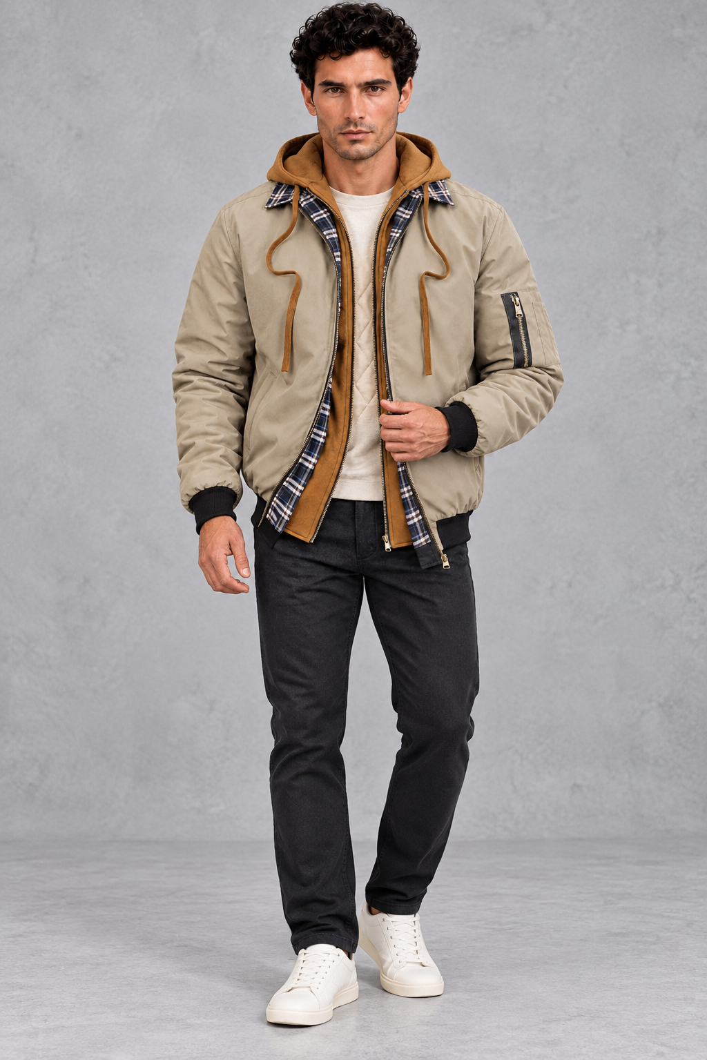 Insulated Winter Shell Jacket in Stone – full-length front view