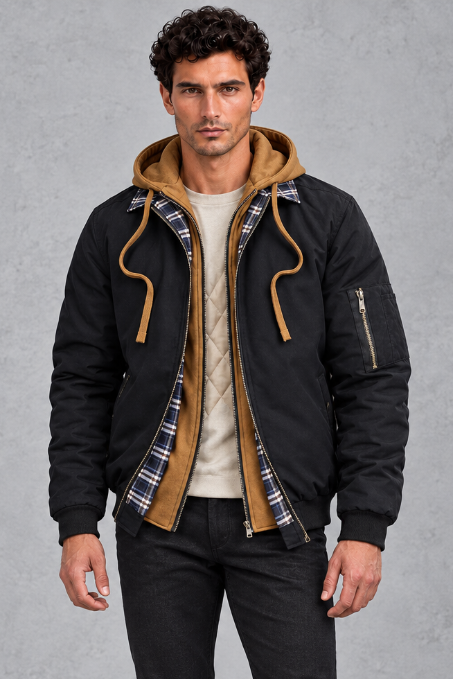 Insulated Winter Shell Jacket in Black – front view
