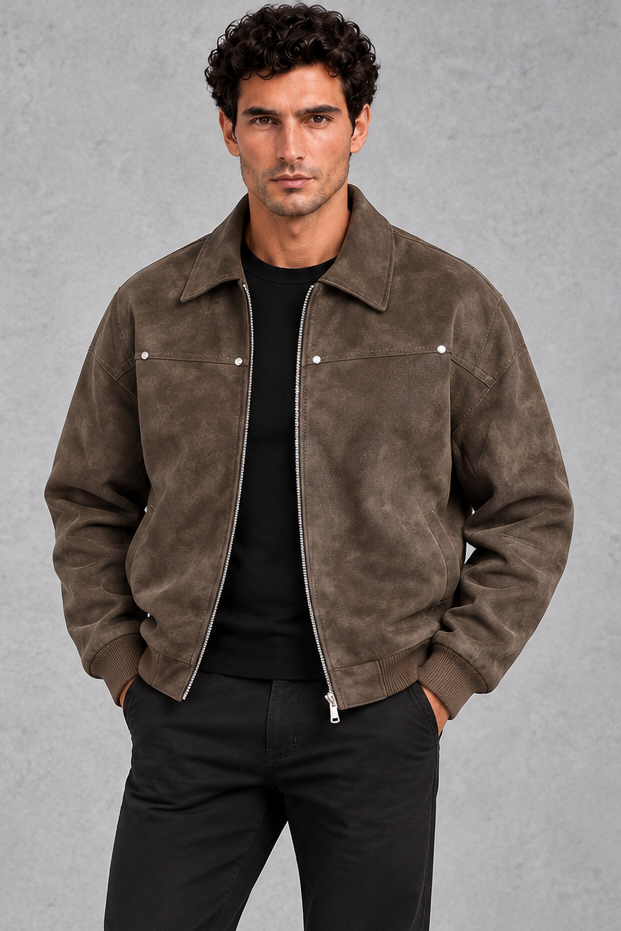 Suede-Look Collared Jacket in Brown – front view