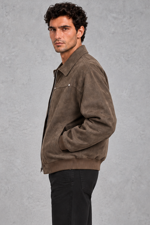 Suede-Look Collared Jacket in Brown – side view