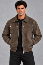 Suede-Look Collared Jacket in Brown – detail view