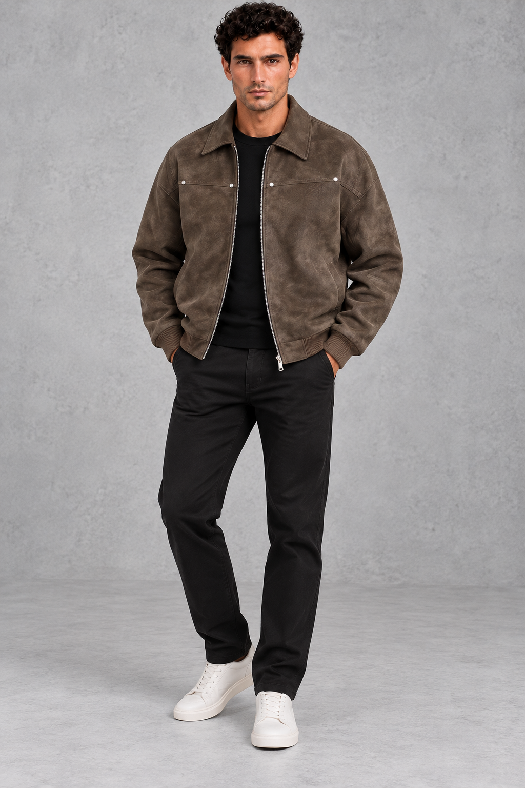 Suede-Look Collared Jacket in Brown – full-length front view