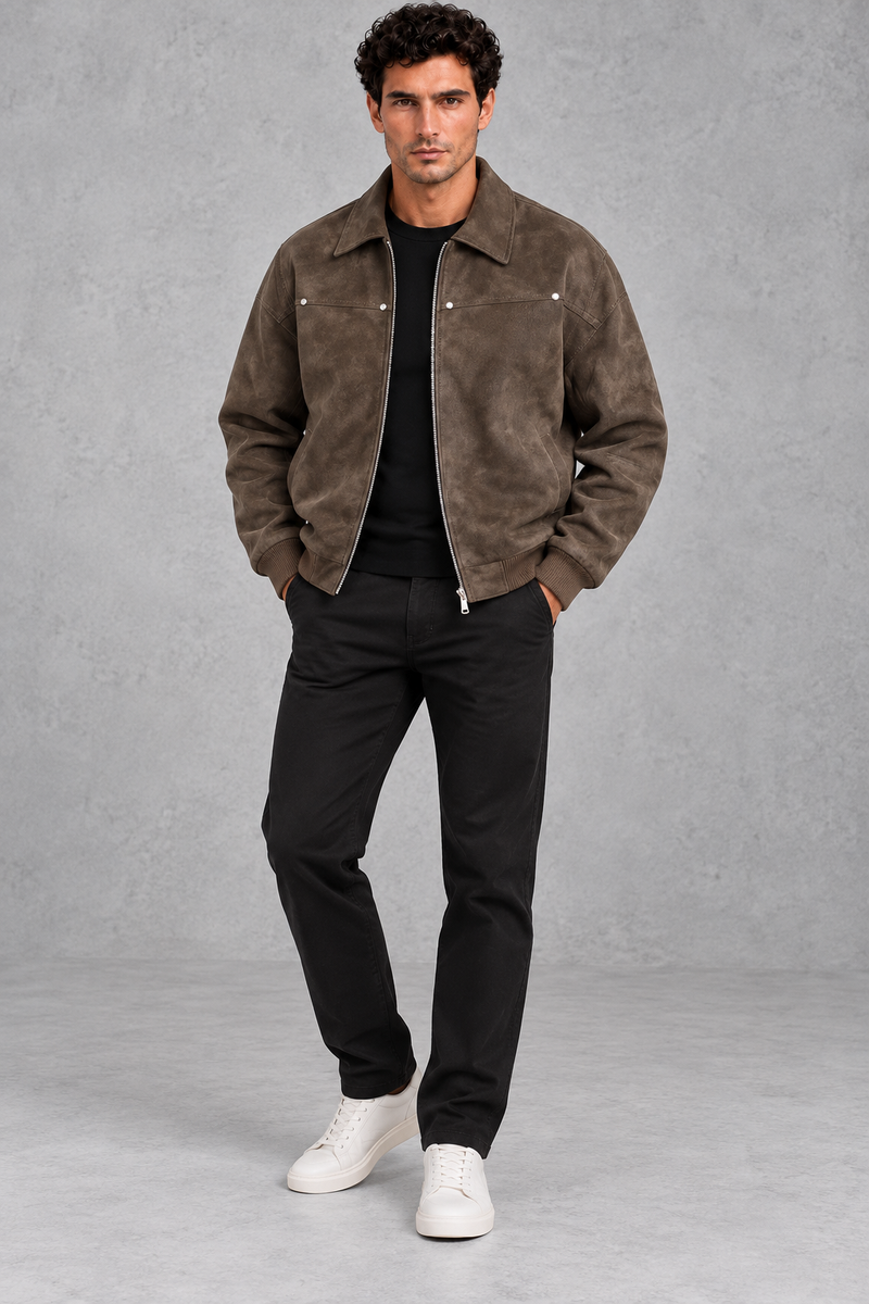 Suede-Look Collared Jacket in Brown – full-length front view