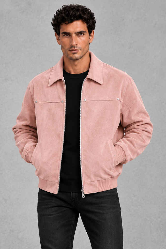 Suede-Look Collared Jacket in Dusty Pink – front view