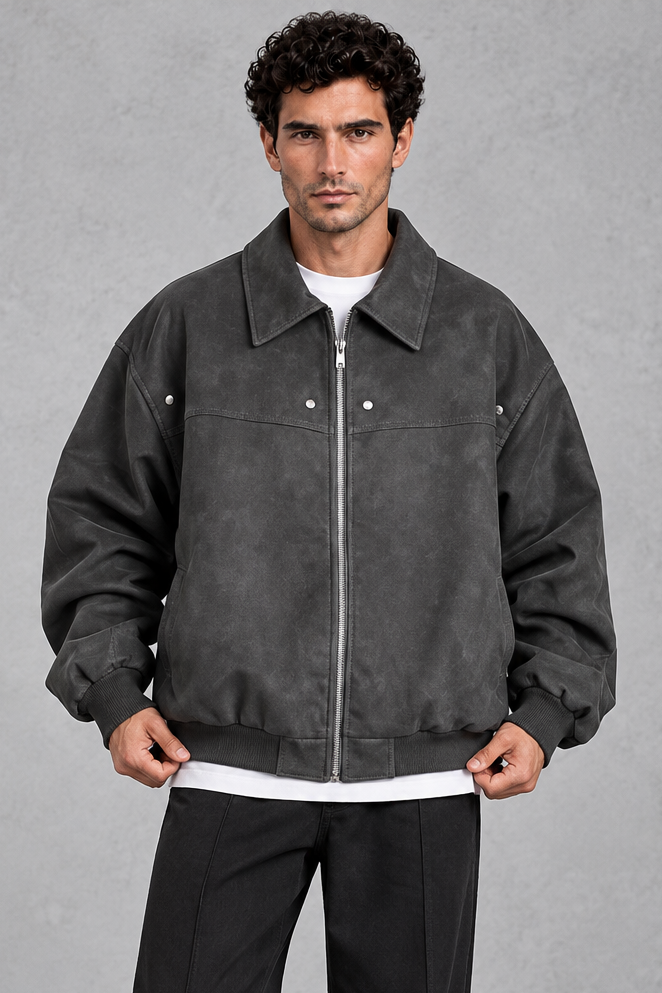 Suede-Look Collared Jacket in Charcoal – front view