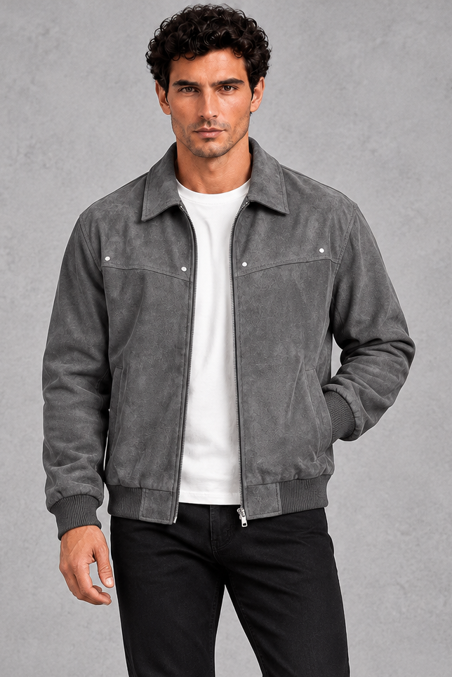 Suede-Look Collared Jacket in Grey – front view