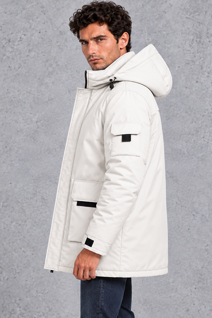 Men's Hooded Utility Parka in Cream – side view