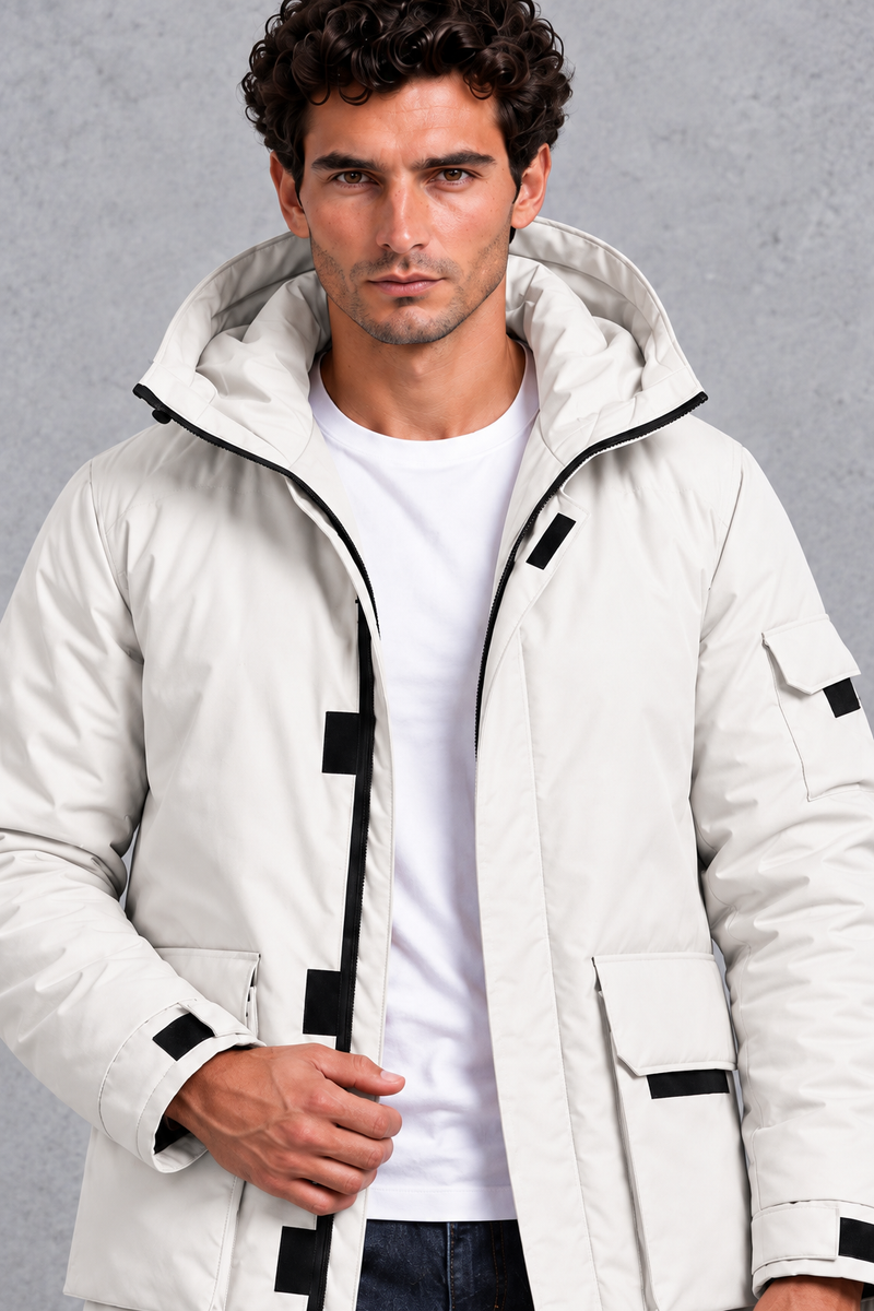 Men's Hooded Utility Parka in Cream – close-up