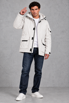 Men's Hooded Utility Parka in Cream – full-length view