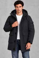 Men's Hooded Utility Parka in Black – front view