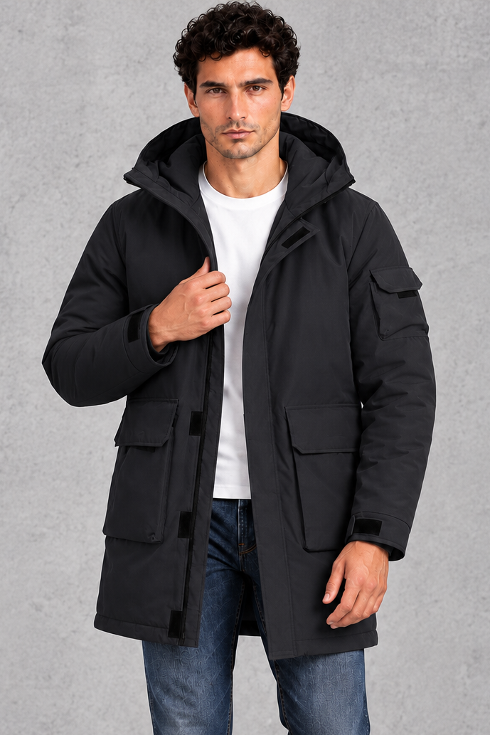 Men's Hooded Utility Parka in Black – front view