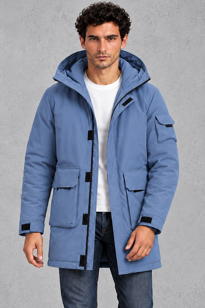 Men's Hooded Utility Parka in Blue – front view