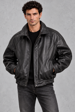 Men's Leather-Look Bomber Jacket – Black