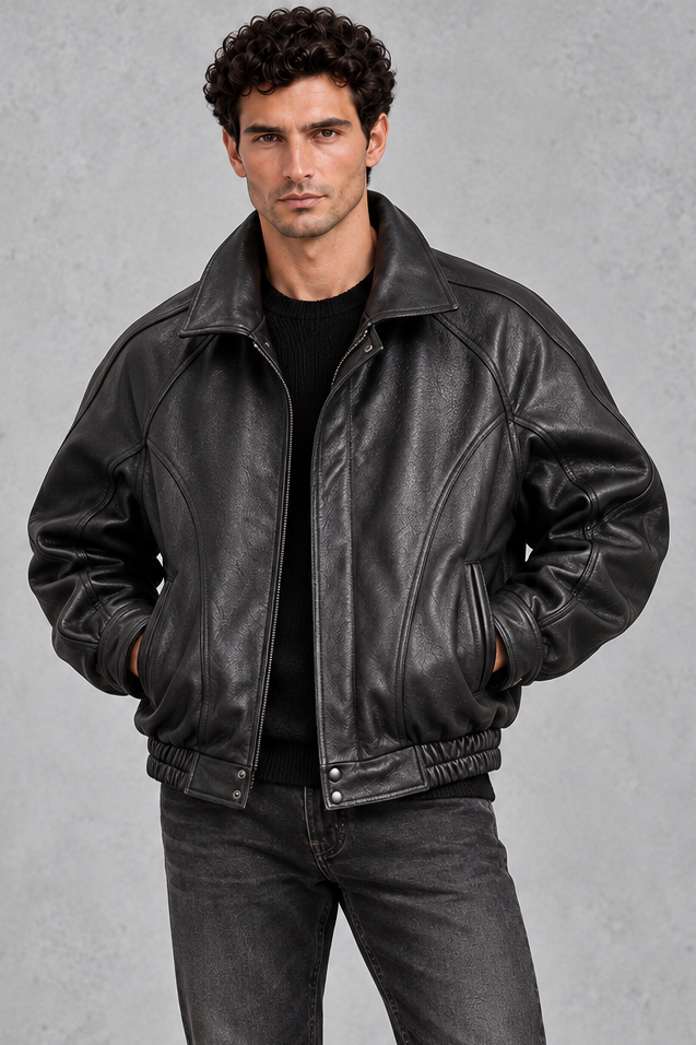 Men's Leather-Look Bomber Jacket – Black