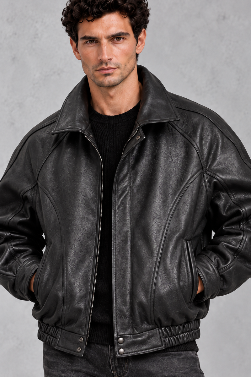 Men's Leather-Look Bomber Jacket – Black