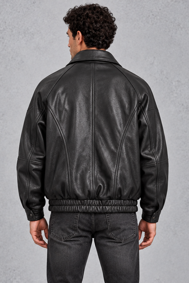 Men's Leather-Look Bomber Jacket – Black