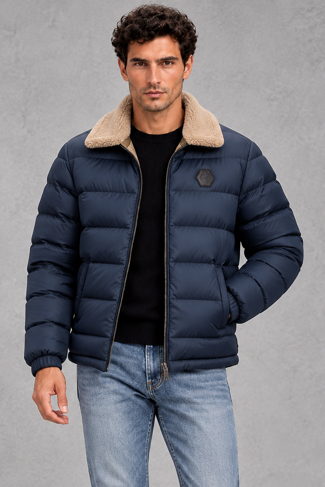 Men's Lightweight Puffer Jacket in Navy Blue – front view