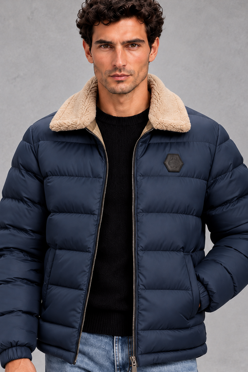 Men's Lightweight Puffer Jacket in Navy Blue – detail view