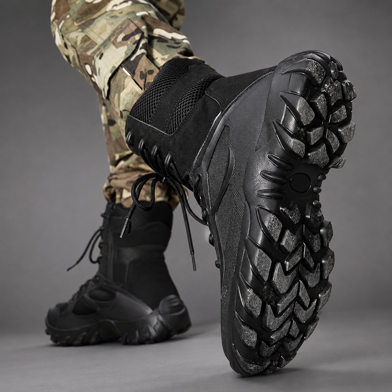 Men’s lightweight high-top tactical hiking boots with breathable fabric lining, lace-up fastening and supportive ankle design, suitable for hiking, trekking, camping, hunting and everyday outdoor wear.