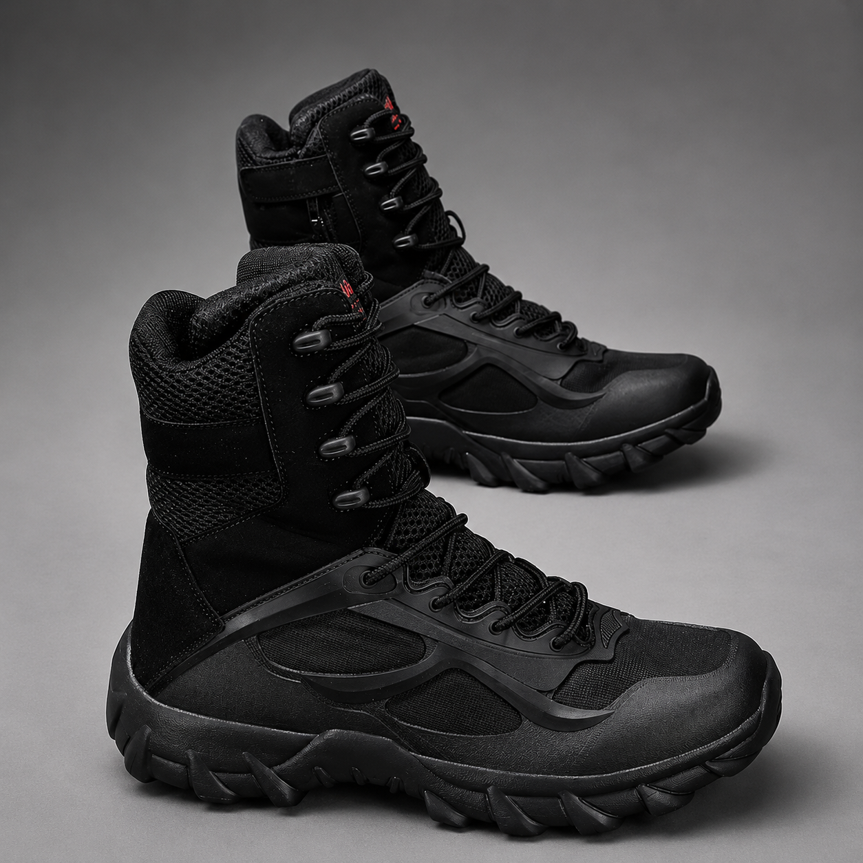 Men’s lightweight high-top tactical hiking boots with breathable fabric lining, lace-up fastening and supportive ankle design, suitable for hiking, trekking, camping, hunting and everyday outdoor wear.