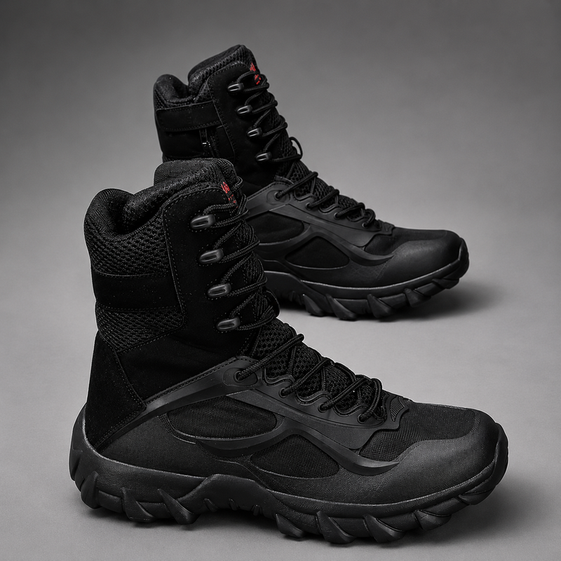Men’s lightweight high-top tactical hiking boots with breathable fabric lining, lace-up fastening and supportive ankle design, suitable for hiking, trekking, camping, hunting and everyday outdoor wear.